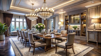Fototapeta premium Elegant Luxury Dining Room with Modern Furnishings, Crystal Chandelier, and Fine Tableware Displayed
