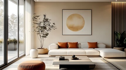  Japandi, scandinavain interior design of modern living room. 