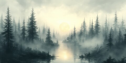 Obraz premium A Misty Forest Path Leads Towards a Glowing Orb in the Sky