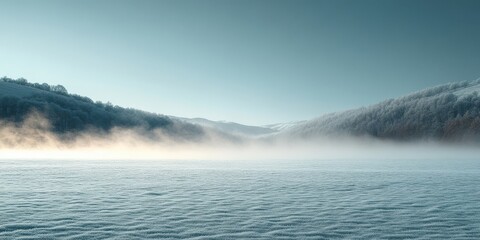 Naklejka premium A misty winter landscape with a serene snow-covered field and forested hills in the distance