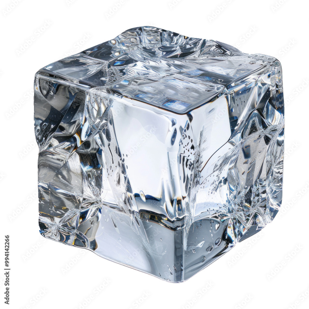 Poster crystal clear ice cube is slowly melting, its smooth surface covered in intricate cracks and pattern