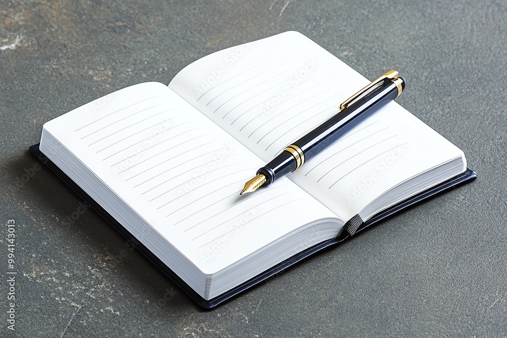 Poster A single open notebook with a pen lying across the page, ready to be filled with ideas