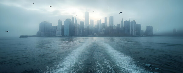 Fototapeta premium Misty City Skyline Rises from Foggy River with Boat Wake in Foreground
