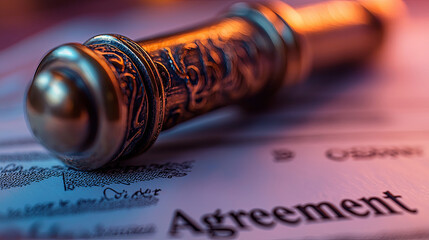 The image features an agreement document with a close-up view of an ornate roller sealer resting on top, indicating legal and formal procedures.