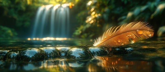 Obraz premium Feather on a Rock by a Waterfall