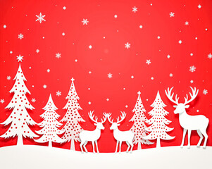 white deer and white Christmas trees on a red background with a copy space