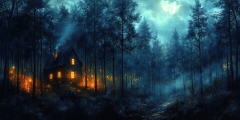 Obraz premium A Mystical Forest Cabin Bathed in Moonlight and Fireflies