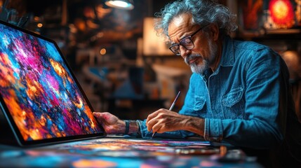 Artist working with digital painting on a tablet device