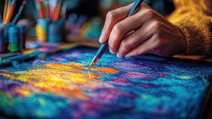 Obraz premium Hand painting digitally on a vibrant illuminated screen.