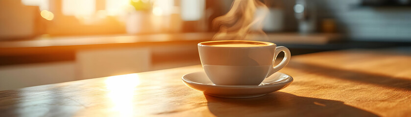Fototapeta premium Steaming Cup of Coffee Rests on a Table in the Morning Sunlight