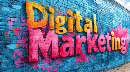 An eye-catching graffiti artwork on a brick wall, vividly showcasing 'Digital Marketing' with bright colors and dynamic design, representing online marketing.