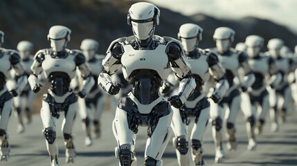 army of white android robot soldiers marching, concept of modern warfare and futuristic troops