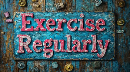 An illustration of a vintage sign with the phrase 'Exercise Regularly' painted in pink on a weathered blue wooden background, encouraging healthy habits.