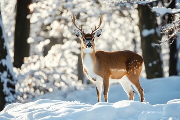 White-Tailed Deer Buck Standing in Snowy Forest