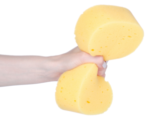Yellow big washing sponge in hand isolation