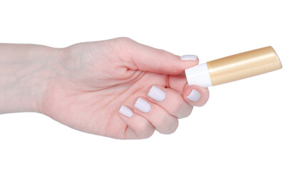Hygienic lipstick stick in hand isolation