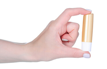 Hygienic lipstick stick in hand isolation