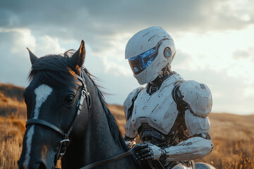 White robot riding horse under cloudy sky in field