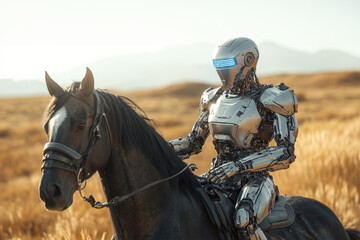 Robot riding a black horse with mountains in background
