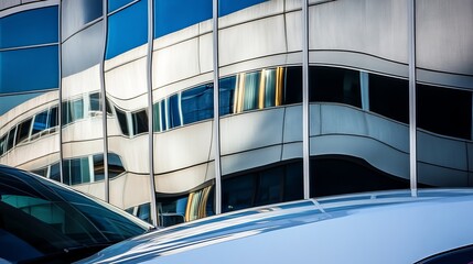 Photograph a modern building&acirc;&euro;&trade;s reflection in the windows of a nearby parked car. 