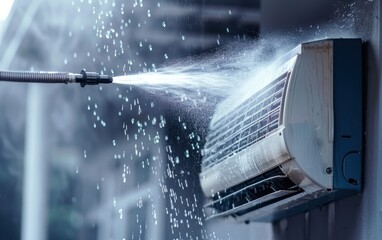 Close-up of pressure washer spraying water to clean air conditioning unit. Maintenance and cleaning concept. Design for poster, banner, and advertisement.