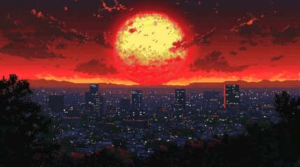 Obraz premium A Pixelated Sunset Over a Cityscape with a Crimson Sun