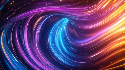 Fototapeta premium A vibrant swirl of colorful light waves in blue, purple, and orange creates a dynamic, abstract pattern against a dark background.