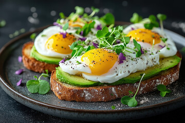 A delicious plate of avocado toast topped with poached eggs, microgreens, and spices, perfect for a healthy breakfast.