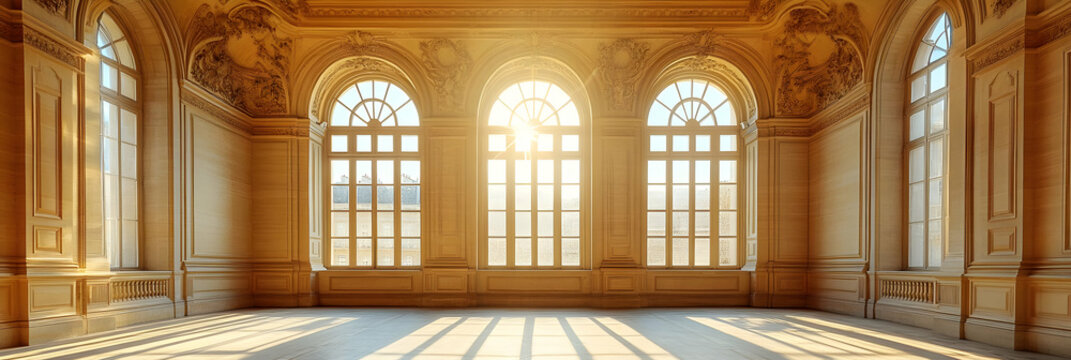 Sunlit Ornate Room with Large Windows and Intricate Moldings