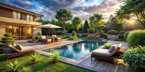 Elegant Luxury Modern Backyard Oasis with Pool, Lounge Area, and Lush Green Landscape Design