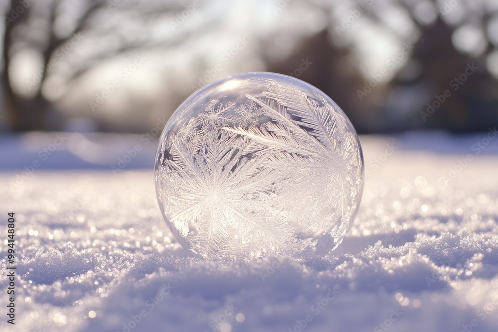 Poster a frozen bubble with intricate ice crystal patterns on a snowy surface
