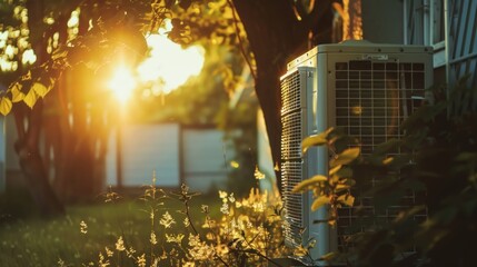 Outdoor air conditioning unit in a backyard during sunset with glowing sunlight and leaves. Eco-friendly and sustainable living concept. Design for wallpaper, banner, and poster.