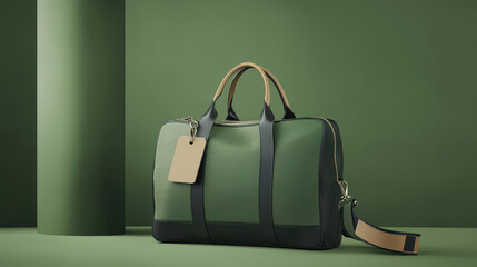 A stylish green bag with handle and tag, set against a complementary monochromatic background.