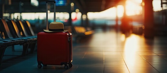 A suitcase ready for travel with a hat on top.