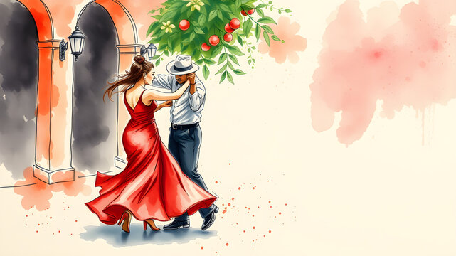 Watercolor artistic image of red salsa cuba dancers. Generative AI
