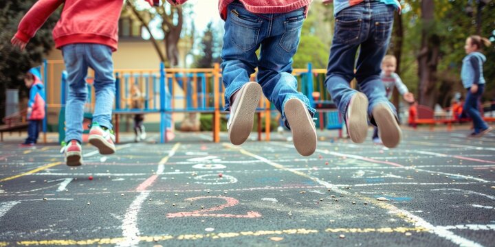 Children jumping and playing hopscotch on a playground with chalk lines. Fun and childhood activity concept. Design for poster, banner, and advertisement.