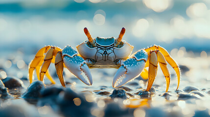Fototapeta premium Blue and Yellow Crab Poses Majestically on Rocks by Ocean