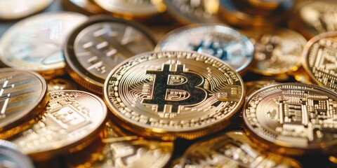Close-up of golden bitcoins and cryptocurrency coins arranged together. Digital currency and investment concept. Design for poster, wallpaper, and banner.