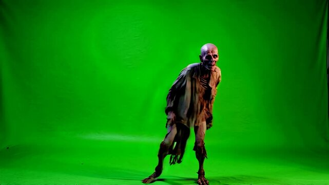Undead zombie performing dance moves on green screen, horror character for VFX