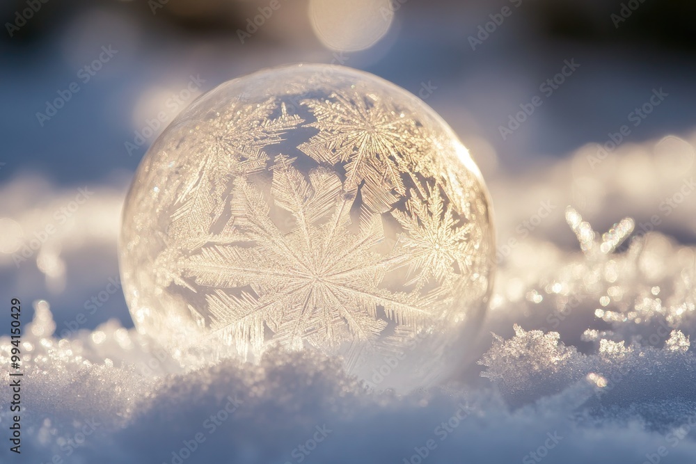 Poster frozen soap bubble with intricate snowflake pattern in winter snow