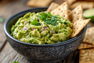 Obraz premium Delicious guacamole served in a bowl with crispy crackers, perfect for dipping and snacking on a rustic wooden table.