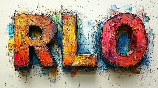 A vividly colored and textured image showcasing the letters RLO against a dynamic background of splashes and strokes, creating an artistic impression.