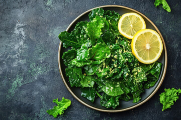 Fresh and healthy kale salad with lemon slices, perfect for a nutritious meal or vibrant dish presentation.