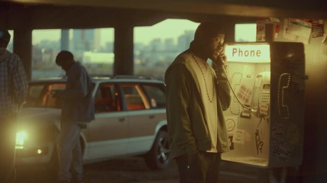 Black man in durag dialing number and talking emotionally on street payphone lit by warm light, his friends chilling behind by car parked under overpass in the evening
