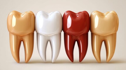 A row of four teeth, each with a different color, showcasing the diversity of human teeth