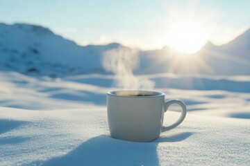 A Steaming Mug of Coffee Rests in a Snowy Mountain Landscape