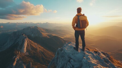Fototapeta premium thrilling adventure success story featuring a man on a cliff with a camera capturing the stunning mountain view and embracing the beauty of the outdoors
