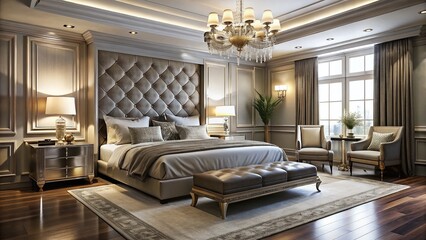 Elegant Luxury Silver Bedroom Design with Modern Decor, Stylish Furniture, and Soft Ambient Lighting