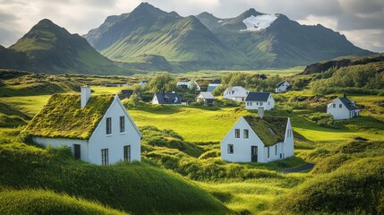 Obraz premium Icelandic Village with Grass Roof Houses and Mountains.