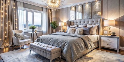 Elegant Luxury Silver and White Bedroom with Plush Textiles and Stylish Decor for Modern Living